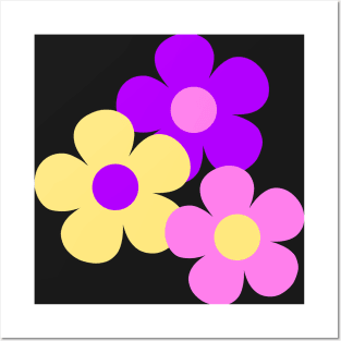 60's Flower Power Pop Flowers in Pink, Purple and Yellow on Black Posters and Art